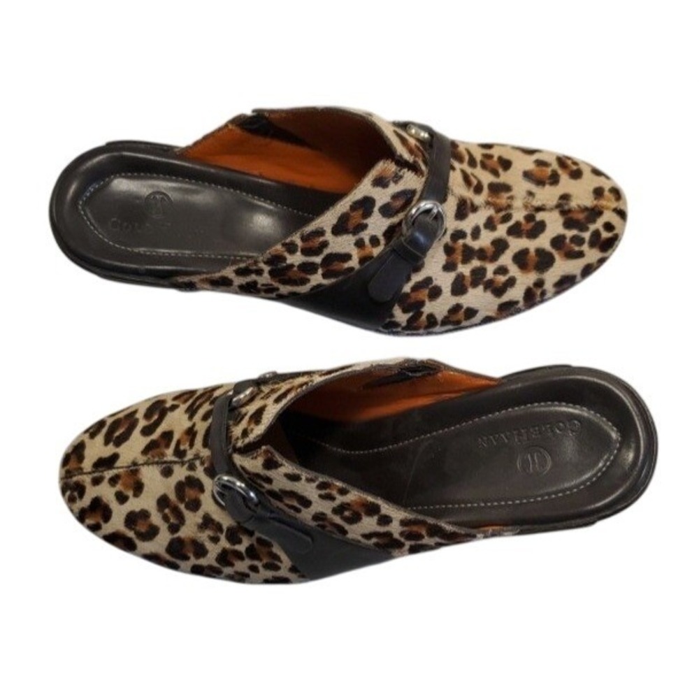 Cole Haan Leopard Calf Hair Mules Black Leather Buckle‎ Kitten Heel Clogs 9 B